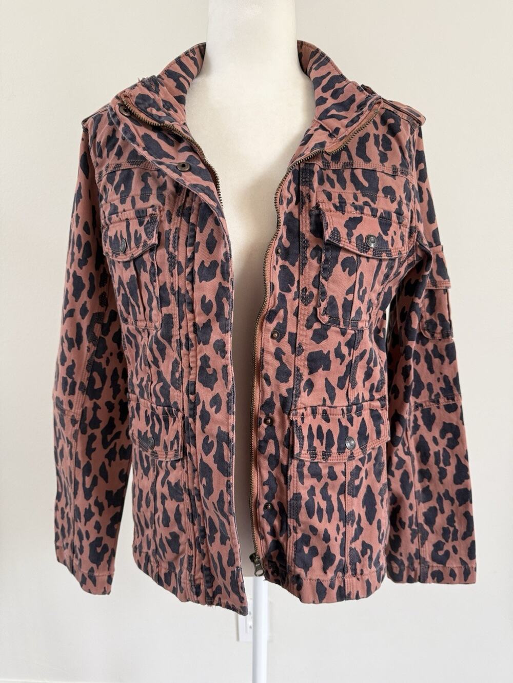 Kensie Women Military Clay Leopard Stretch Pockets Zip Up Utility Jacket M